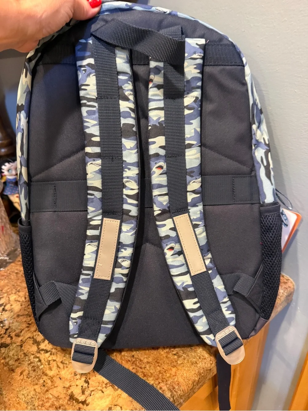 Kids Blue Shark Backpack with Clear Shark Pouch Lunch Box Shark Charm 4 pieces
